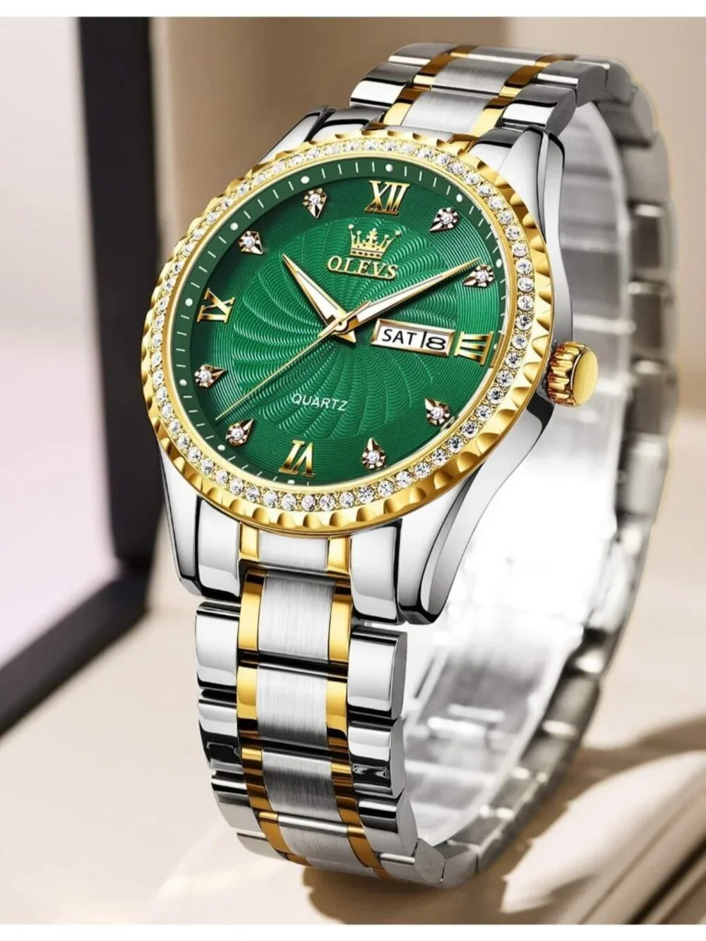 Men's Silver Green Diamond Stainless Waterproof Luminous Analog Luxury Watch